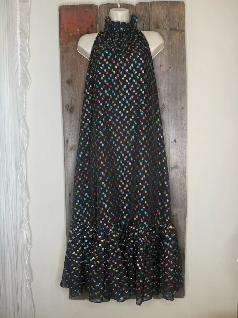 Misa Los Angeles Winona Rainbow Metallic Clip Dot Halter Dress XS